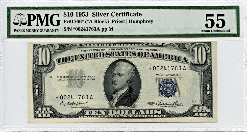 image for: FR. 1706* 1953 Blue Seal and Serial Numbers $10 Silver Cert PMG About Unc 55 (Small Internal Tear)