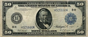 image for: FR. 1054 1914 Blue Seal $50 PMG Very Fine 30 (Erasure)