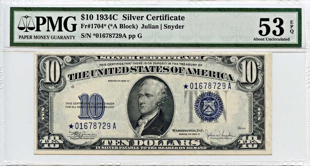image for: FR. 1704* 1934C $10  PMG About Unc 53 EPQ