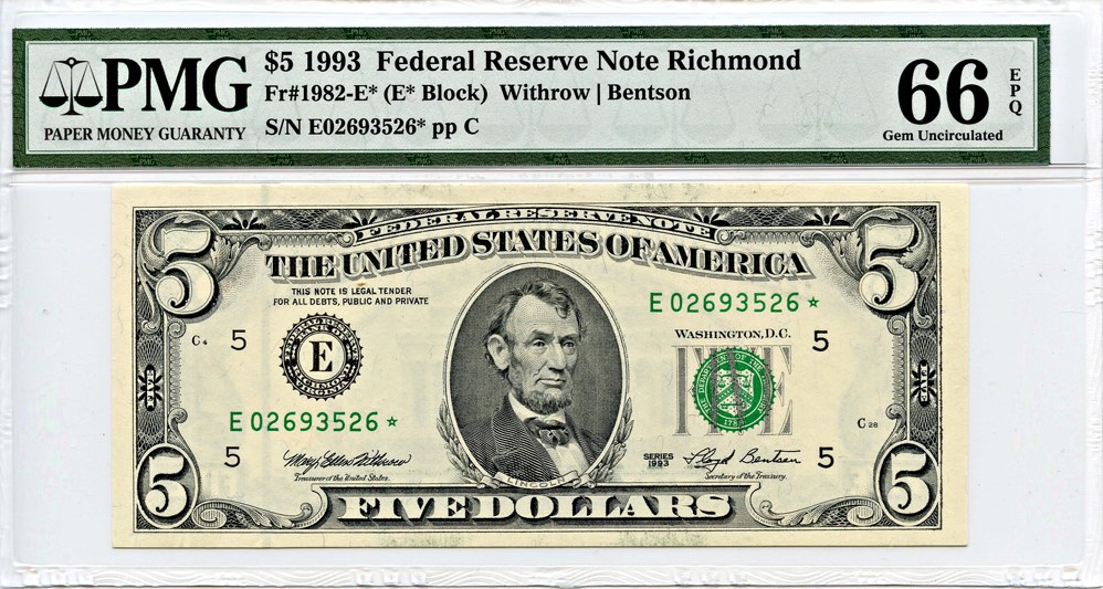 image for: FR. 1982E* 1993 Federal Reserve Note Richmond $5  PMG Gem Unc 66 EPQ
