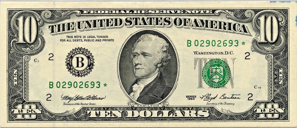 image for: FR. 2030B* 1993 $10 Federal Reserve Note New York PMG About Unc 53 (Minor ink)