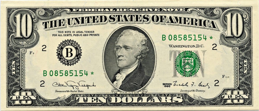 image for: FR. 2029B* 1990 Washington DC $10 Federal Reserve Note New York PMG Choice Unc 64 EPQ