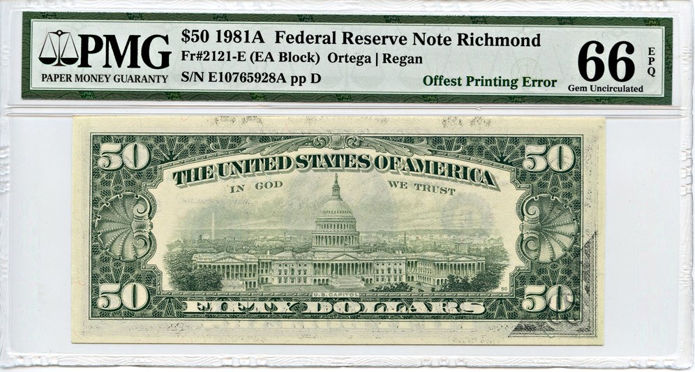 image for: FR. 2121E 1981A $50 Federal Reserve Note Richmond PMG Gem Unc 66 EPQ (Offset Printing Error of Front to Back)