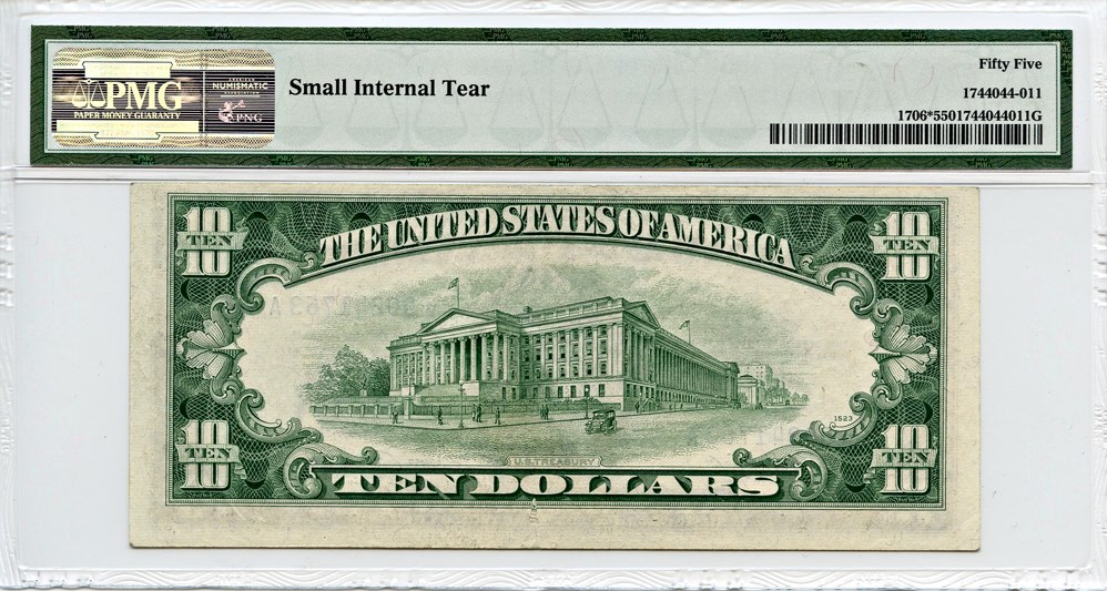 image for: FR. 1706* 1953 Blue Seal and Serial Numbers $10 Silver Cert PMG About Unc 55 (Small Internal Tear)