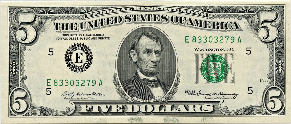 image for: FR. 1969E 1969 Dark Green Seal $5 Federal Reserve Note Richmond PMG Gem Unc 65 EPQ