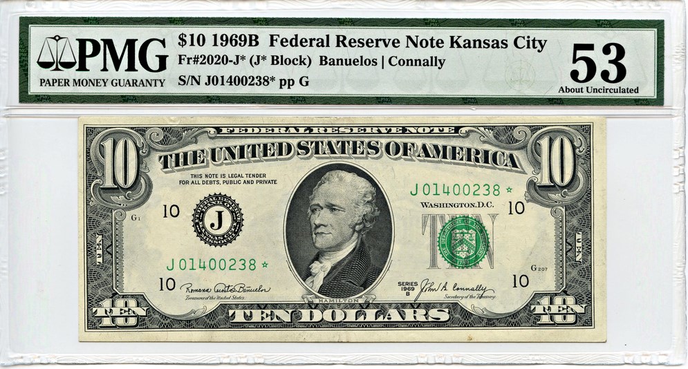 image for: FR. 2020J* 1969B Dark Green Seal $10 Federal Reserve Note Kansas City PMG About Unc 53