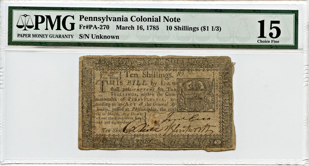 image for: FR. PA270 1785 16-Mar 10s Pennsylvania Colonial Note PMG Fine 15 (Minor Repairs)