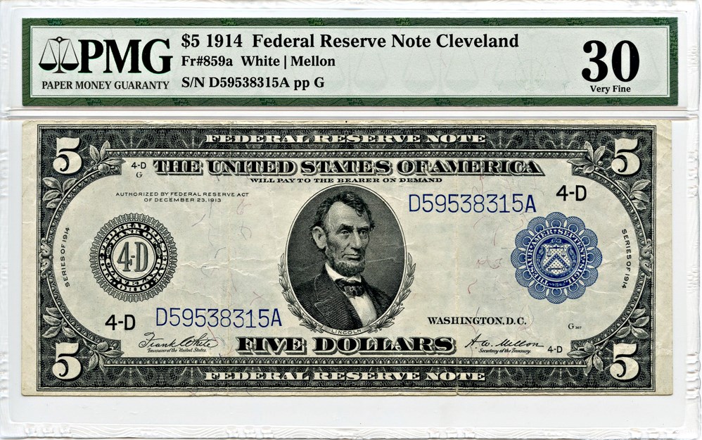 image for: FR. 859a 1914 Blue Seal $5 PMG Very Fine 30