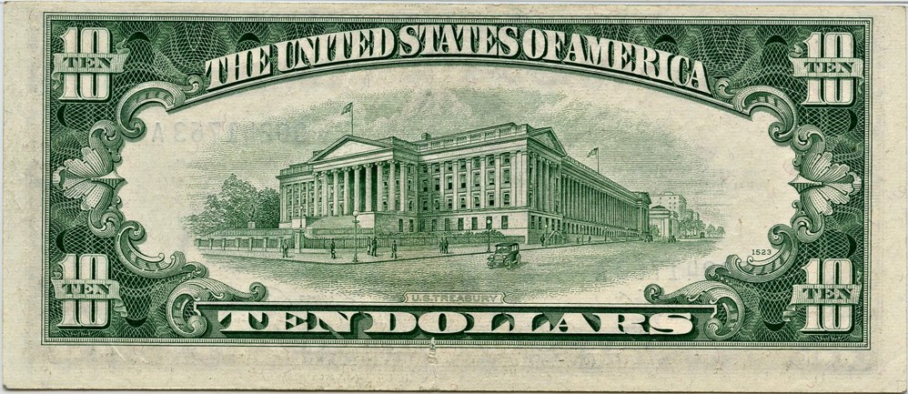 image for: FR. 1706* 1953 Blue Seal and Serial Numbers $10 Silver Cert PMG About Unc 55 (Small Internal Tear)