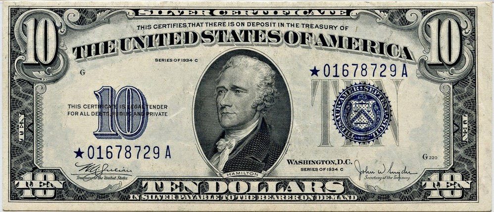 image for: FR. 1704* 1934C $10  PMG About Unc 53 EPQ