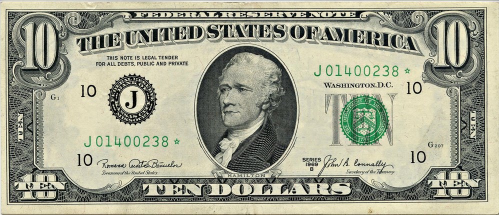 image for: FR. 2020J* 1969B Dark Green Seal $10 Federal Reserve Note Kansas City PMG About Unc 53