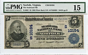 image for: FR. 602 1902 Seaboard National Bank of Norfolk, VA (3rd Charter Period, 3rd Issue) Plain Back $5 PMG Fine 15 (Trimmed)