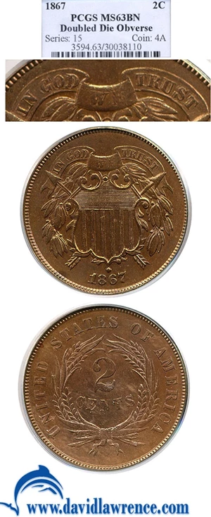 image for: 1867 2c Double Die Obverse PCGS MS63 BN