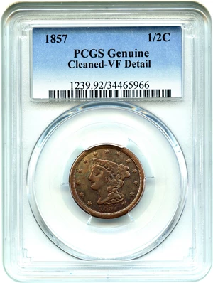 image for: 1857 1/2c PCGS VF Details (Cleaned)