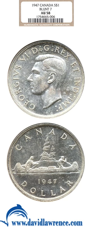 image for: Canada: 1947 $1 Blunt 7 NGC AU58