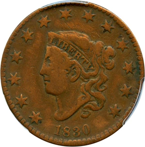 image for: 1830 1c PCGS F Details (Large Letters, Cleaned)