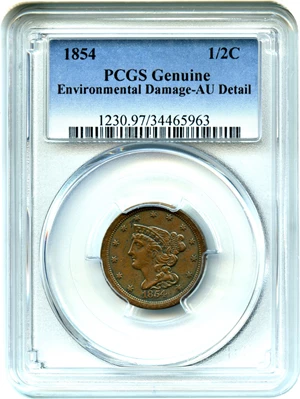 image for: 1854 1/2c PCGS AU Details (Environmental Damage)