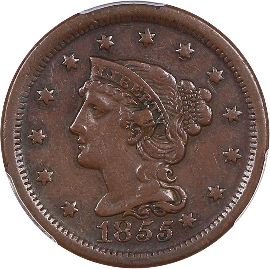 image for: 1855 1c PCGS VF30 (Knob Ear)