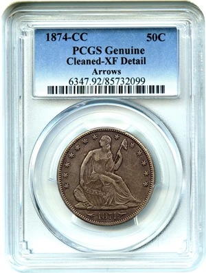image for: 1874-CC 50c PCGS XF Detail (Arrows, Cleaned)