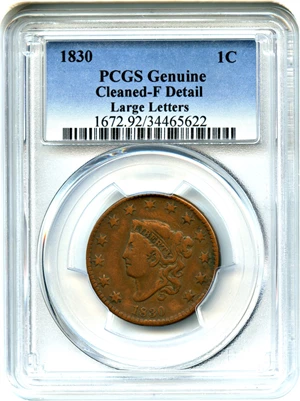 image for: 1830 1c PCGS F Details (Large Letters, Cleaned)
