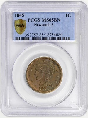 image for: 1845 1c PCGS Secure MS65 BN (Newcomb 5)