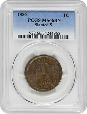 image for: 1856 1c PCGS MS66 BN (Slanted 5)