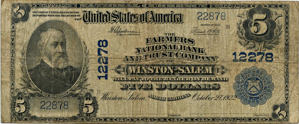 image for: FR. 609 1902 Third Charter Period 3rd Issue Plain Back $5 National Bank Note, Winston Salem, NC PMG Fine 15