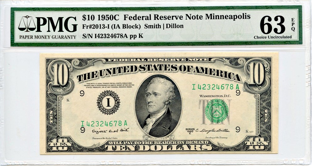 image for: FR. 2013I 1950C Dark Green Seal $10 Federal Reserve Note Minneapolis PMG Choice Unc 63 EPQ [I42324678A]