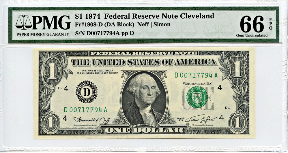 image for: FR. 1908D 1974 $1 Federal Reserve Note Cleveland PMG Gem Unc 66 EPQ [D00717794A]