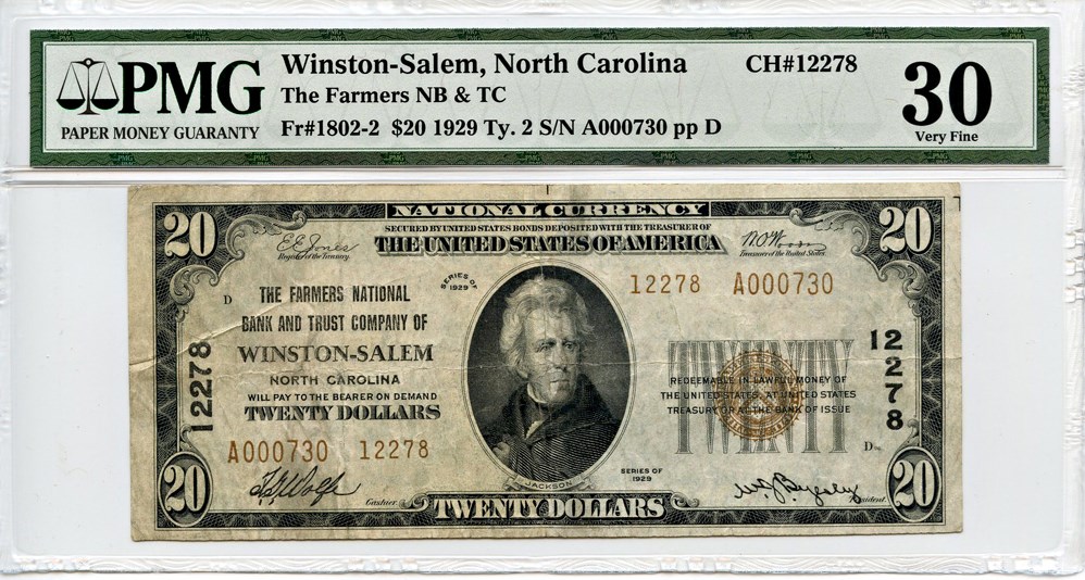 image for: FR. 1802-2 1929 $20 National Bank Note Winston-Salem, NC PMG Very Fine 30 [A000730]