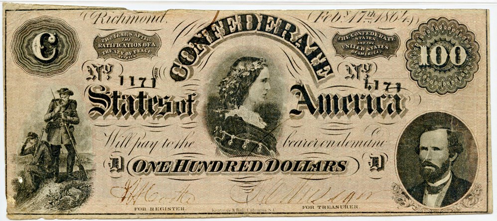 image for: T65 1864 CSA $100 PMG Very Fine 25 [1171] (Small Hole, Discoloration)