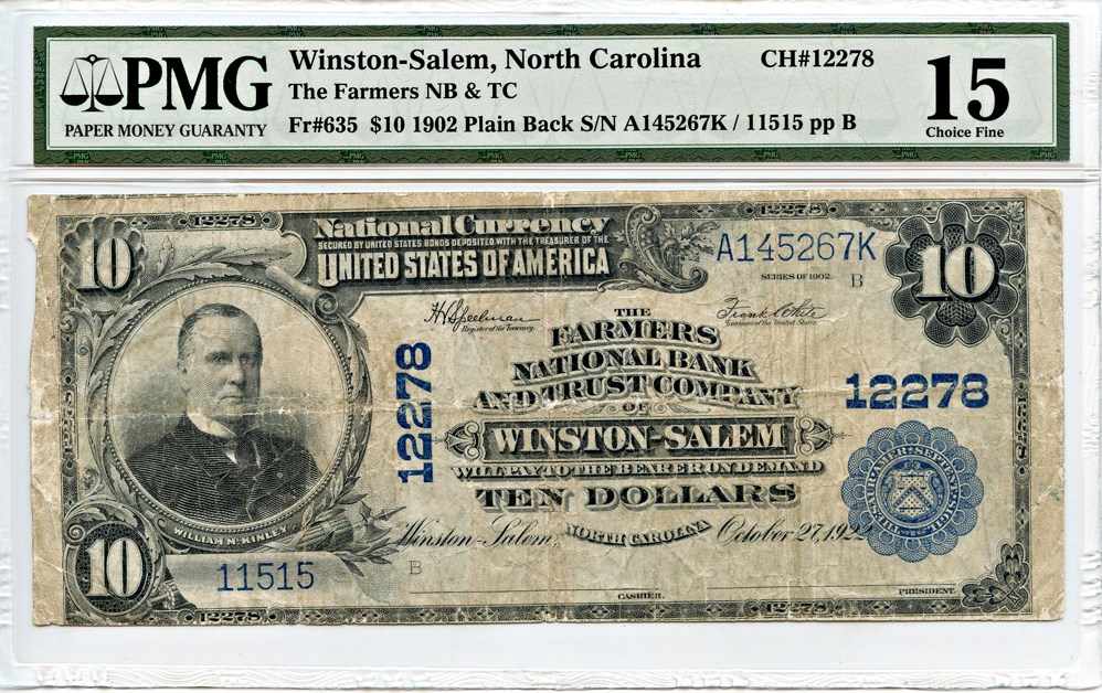 image for: FR. 635 1902 Third Charter Period 3rd Issue Plain Back $10 National Bank Note, Winston Salem, NC PMG Fine 15
