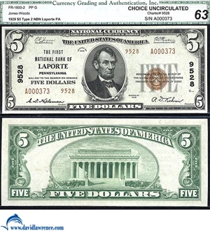 image for: Fr.1800-2 1929 $5 Type 2 CGA Choice CU 63 #9528. Laporte, PA.