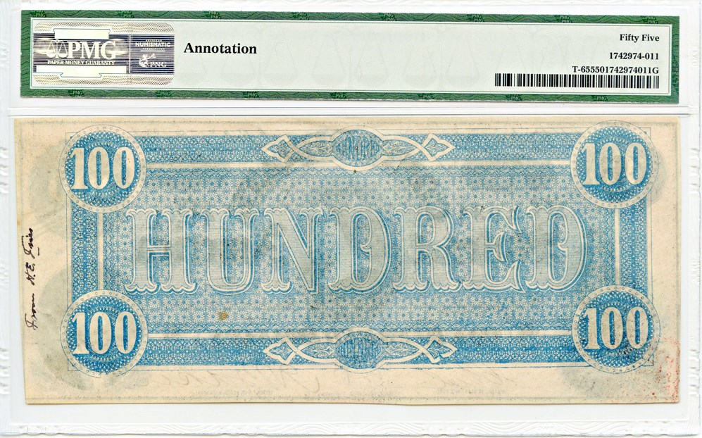 image for: T65 1864 CSA $100 PMG About Unc 55 [4931] (Annotation)