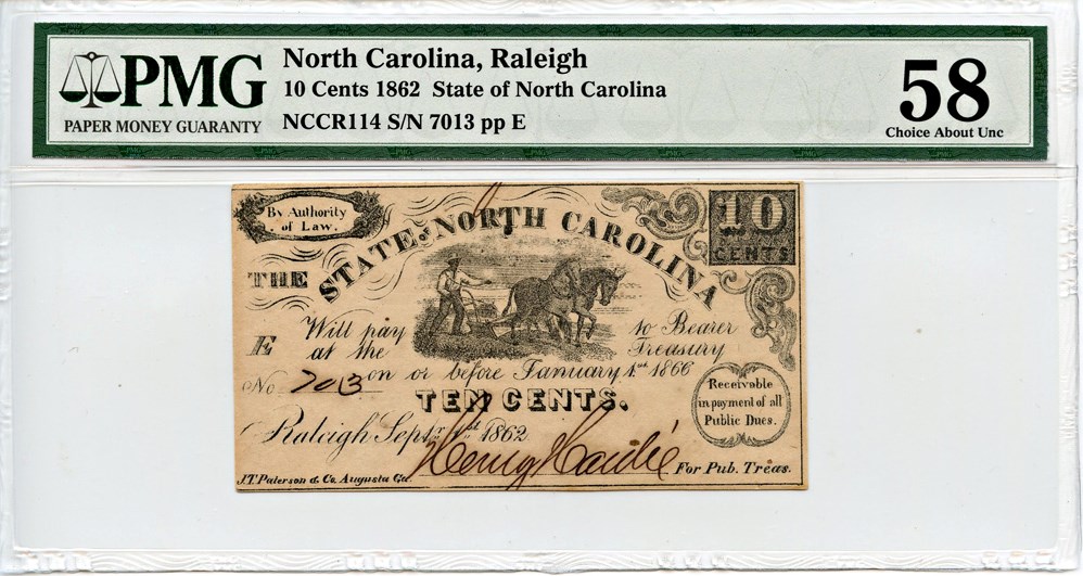 image for: North Carolina: FR. NCCR114 1862 10c PMG About Unc 58 [7013] (Pinhole)