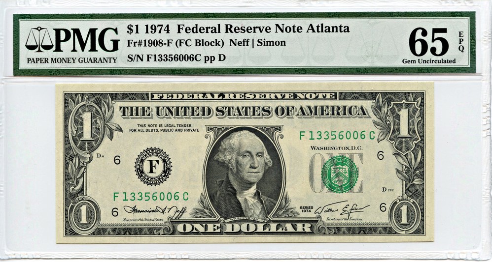 image for: FR. 1908F 1974 $1 Federal Reserve Note Atlanta PMG Gem Unc 65 EPQ [F13356006C]