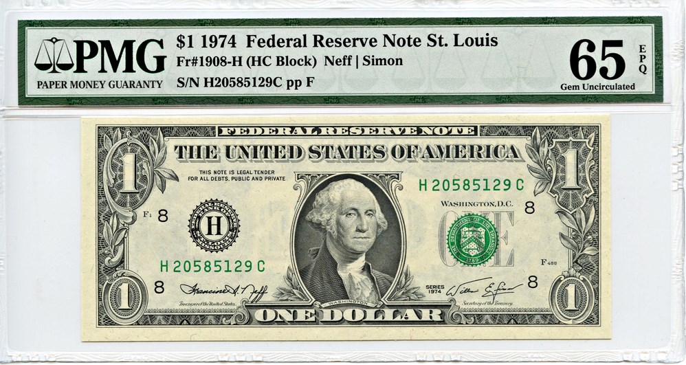 image for: FR. 1908H 1974 $1 Federal Reserve Note St. Louis PMG Gem Unc 65 EPQ [H20585129C]