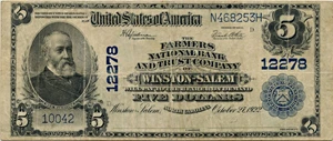 image for: FR. 609 1902 Third Charter Period 3rd Issue Plain Back $5 National Bank Note, Winston Salem, NC PMG Very Fine 25
