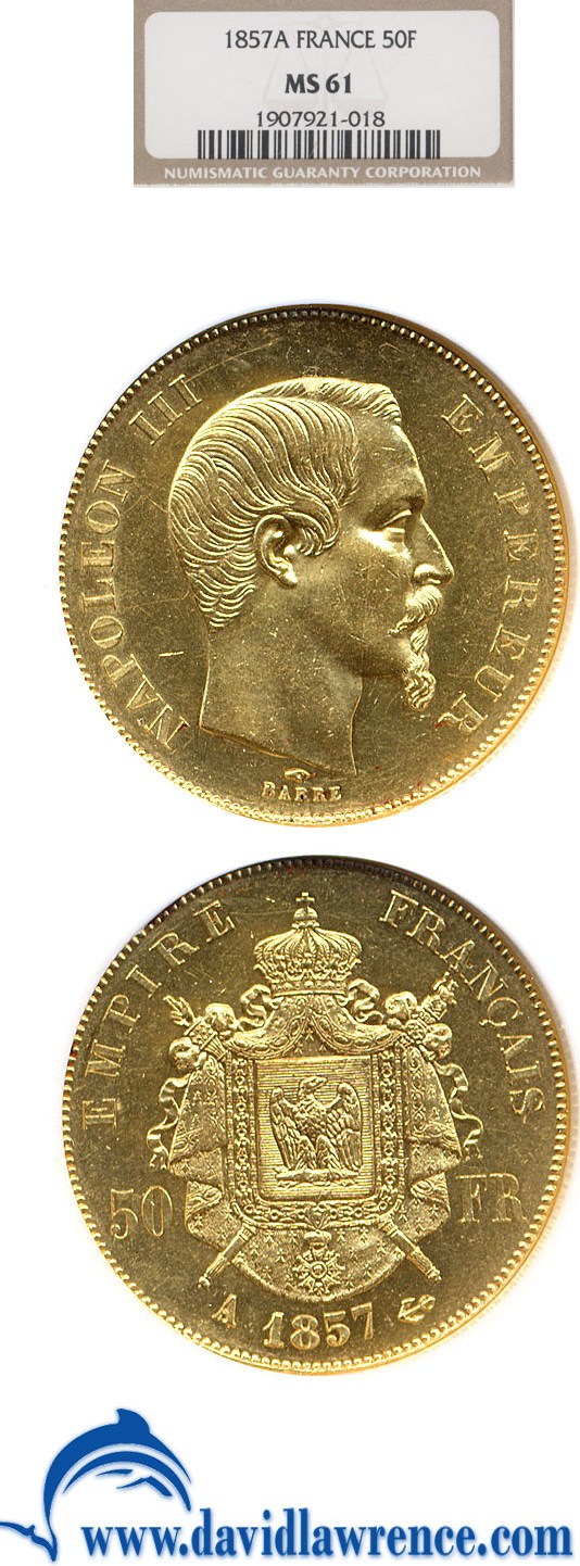 image for: France: 1857-A Gold 50 Franc NGC MS61