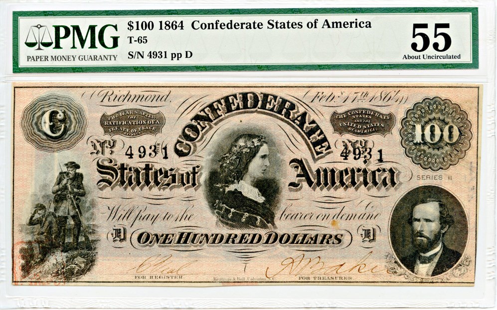 image for: T65 1864 CSA $100 PMG About Unc 55 [4931] (Annotation)