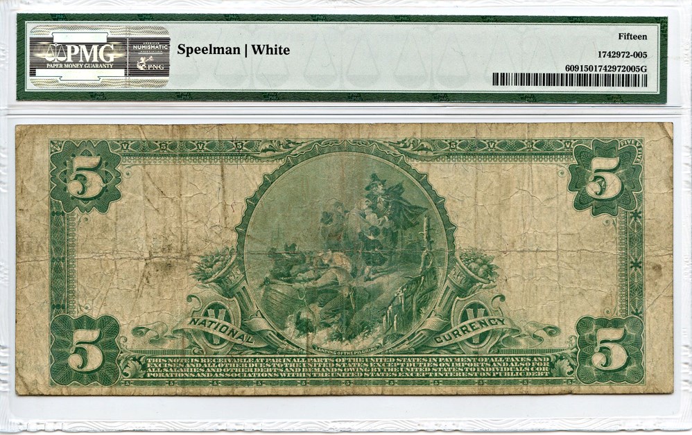 image for: FR. 609 1902 Third Charter Period 3rd Issue Plain Back $5 National Bank Note, Winston Salem, NC PMG Fine 15