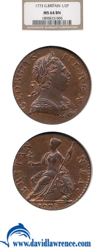 image for: Great Britain: 1773 1/2P NGC MS64 BN