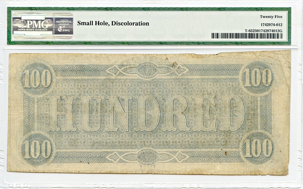 image for: T65 1864 CSA $100 PMG Very Fine 25 [1171] (Small Hole, Discoloration)