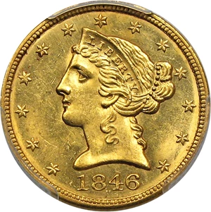image for: 1846 $5 PCGS MS63 (Large Date)