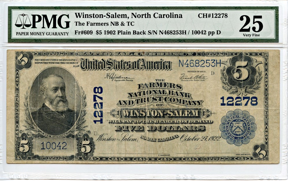 image for: FR. 609 1902 Third Charter Period 3rd Issue Plain Back $5 National Bank Note, Winston Salem, NC PMG Very Fine 25