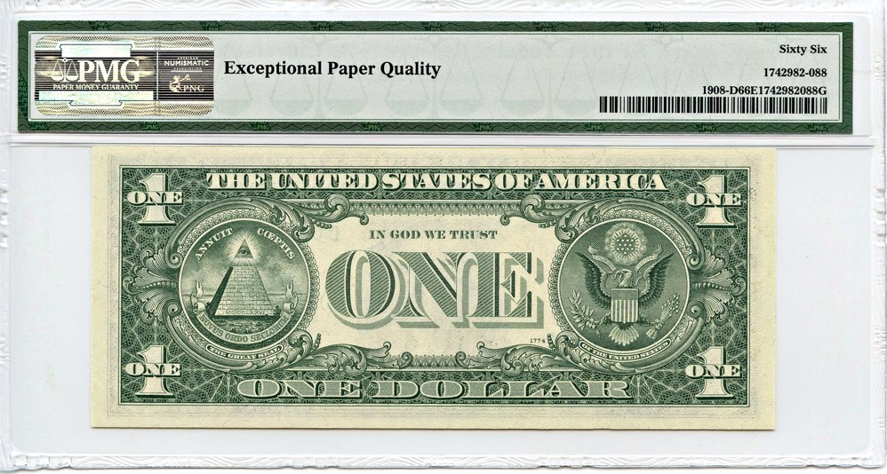 image for: FR. 1908D 1974 $1 Federal Reserve Note Cleveland PMG Gem Unc 66 EPQ [D00717794A]