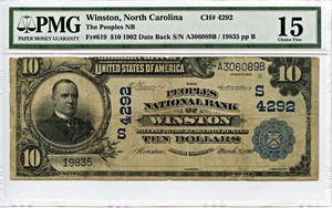 image for: FR. 619 1902 Third Charter Period 2nd Issue Date Back $10 National Bank Note, Winston, NC PMG Fine 15