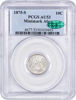 image for: 1875-S 10c PCGS/CAC AU53 (Mintmark Above)
