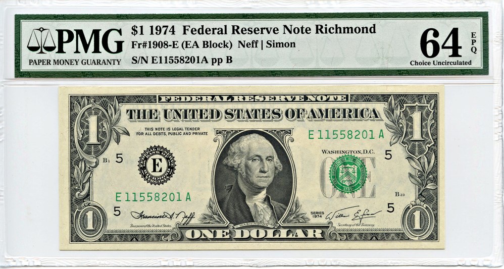 image for: FR. 1908E 1974 $1 Federal Reserve Note Richmond PMG Choice Unc 64 EPQ [E11558201A]