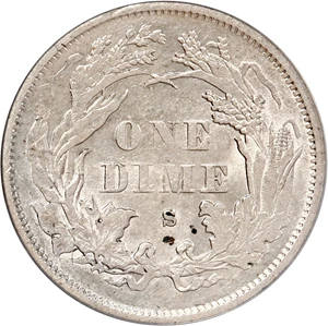 image for: 1875-S 10c PCGS/CAC AU53 (Mintmark Above)